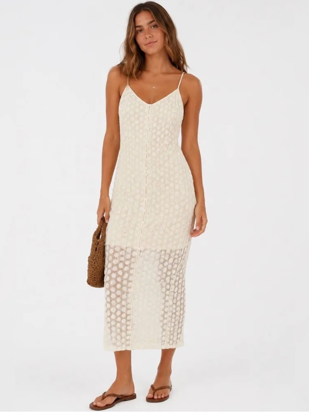 American Eagle Outfitters Cream Embroidered Maxi Dress with Spaghetti Straps